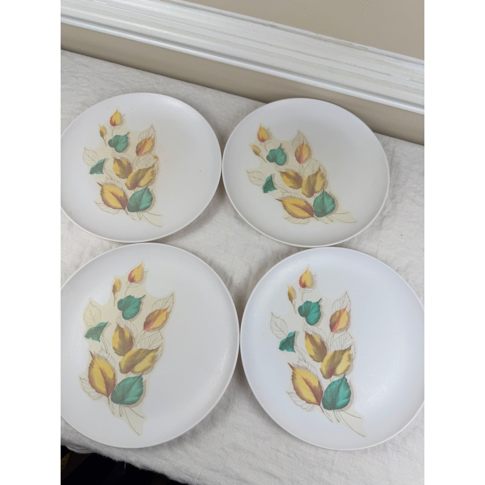 Vintage Stetson Melamine Dinner Plates Set of 4 Autumn Leaves MCM White‎ 10 Inch